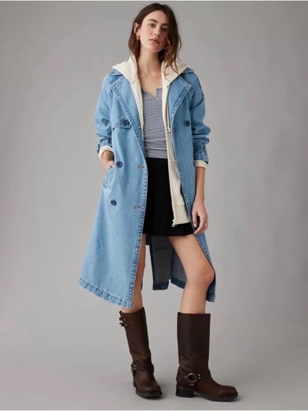 American Eagle Double Breasted Belted Denim Trench Coat Womens Size X-Small